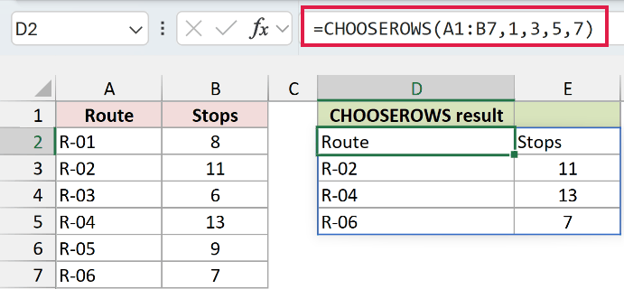 CHOOSEROWS in Excel: The header and three selected route records spill.