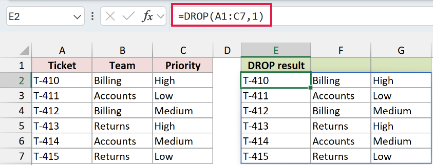 DROP in Excel: The ticket data remains without its header.