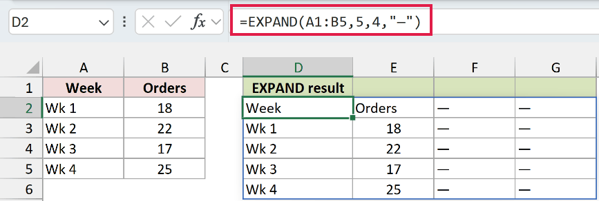 EXPAND in Excel: New cells receive the specified dash filler.