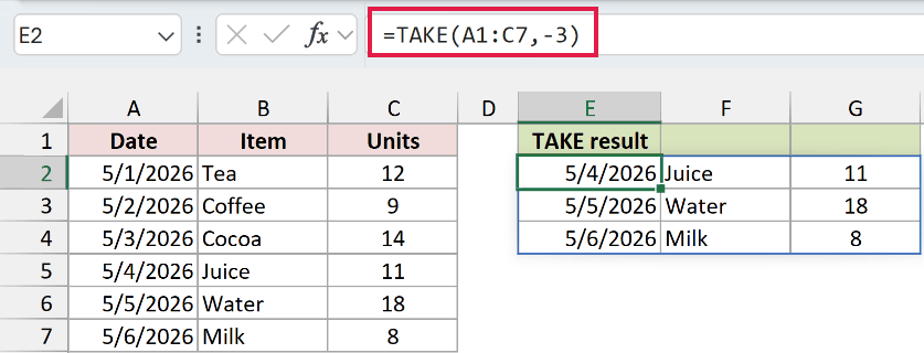 TAKE in Excel: Only the last three records spill.