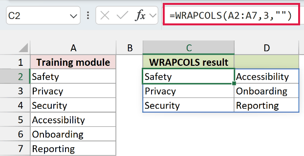 WRAPCOLS in Excel: The list becomes a three-row grid.
