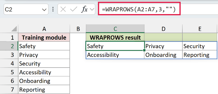 WRAPROWS in Excel: The list becomes a two-row grid.