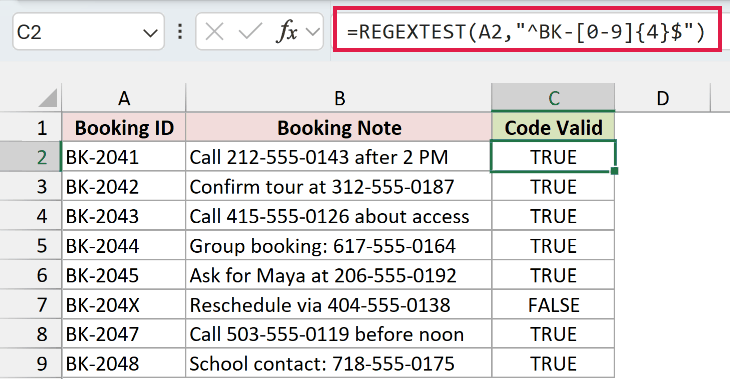REGEXTEST in Excel: The valid sample ID returns TRUE.