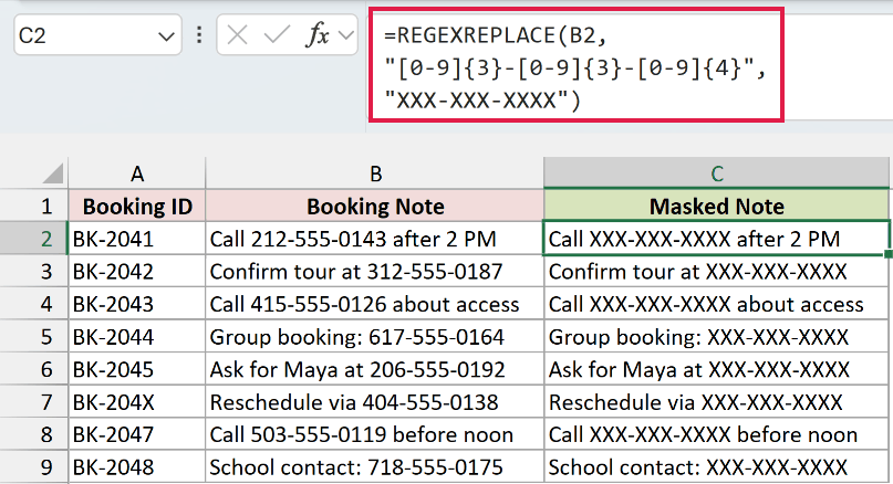 REGEXREPLACE in Excel: The first phone number becomes XXX-XXX-XXXX.