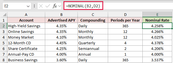 =NOMINAL(B2,D2) in E2