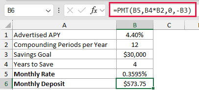 =PMT(B5,B4*B2,0,-B3) in B6