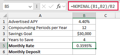 =NOMINAL(B1,B2)/B2 in B5