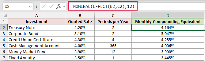 =NOMINAL(EFFECT(B2,C2),12) in D2