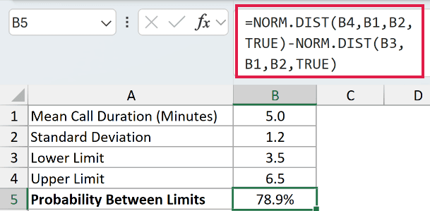 =NORM.DIST(B4,B1,B2,TRUE)-NORM.DIST(B3,B1,B2,TRUE) in B5