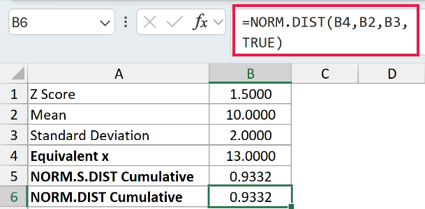 =NORM.DIST(B4,B2,B3,TRUE) in B6