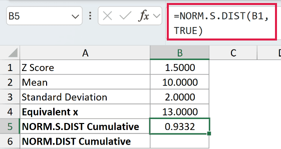 =NORM.S.DIST(B1,TRUE) in B5