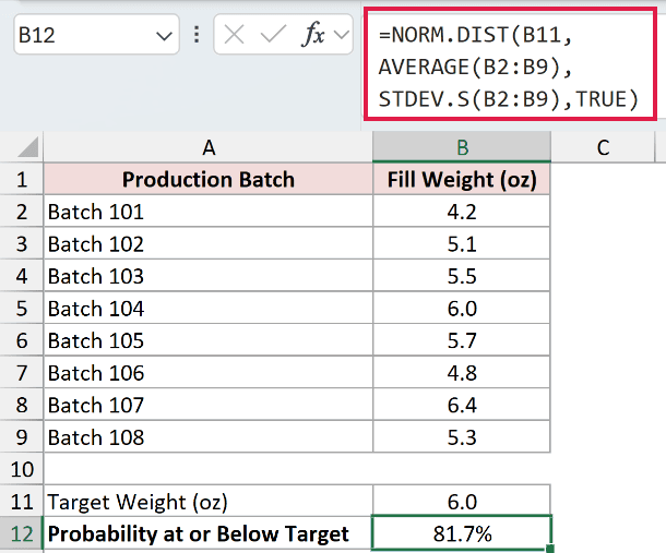 =NORM.DIST(B11,AVERAGE(B2:B9),STDEV.S(B2:B9),TRUE) in B12