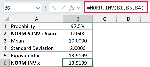 =NORM.INV(B1,B3,B4) in B6