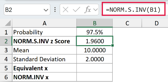 =NORM.S.INV(B1) in B2