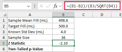 =(B1-B2)/(B3/SQRT(B4)) in B5
