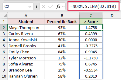 =NORM.S.INV(B2:B10) in C2