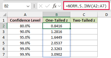 =NORM.S.INV(A2:A7) in B2