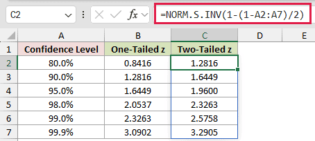 =NORM.S.INV(1-(1-A2:A7)/2) in C2