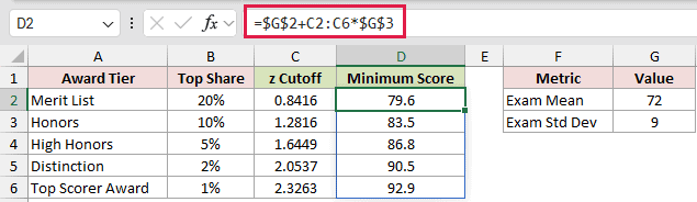 =$G$2+C2:C6*$G$3 in D2