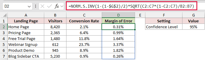 =NORM.S.INV(1-(1-$G$2)/2)*SQRT(C2:C7*(1-C2:C7)/B2:B7) in D2