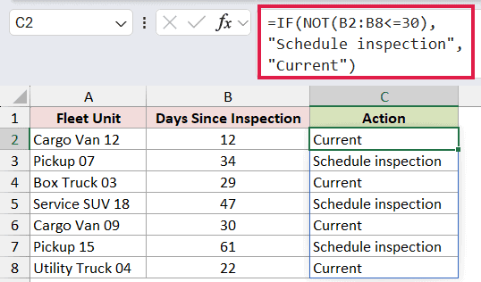 =IF(NOT(B2:B8<=30),"Schedule inspection","Current") in C2