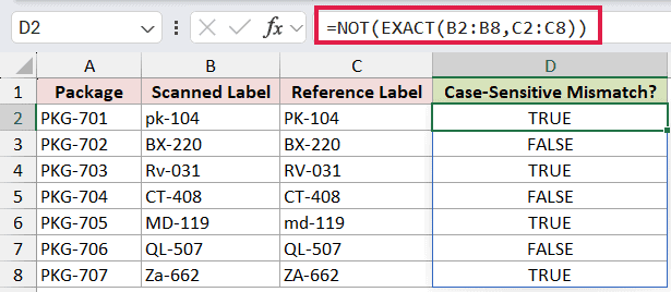 =NOT(EXACT(B2:B8,C2:C8)) in D2