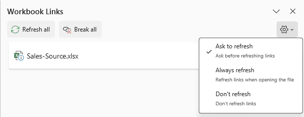 Workbook Links Refresh settings menu with Ask to refresh, Always refresh, and Don't refresh