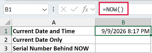 =NOW() in B1