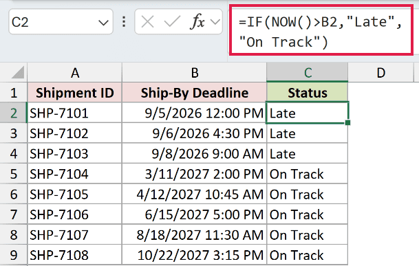 =IF(NOW()>B2,"Late","On Track") in C2
