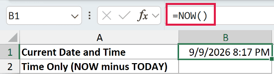 =NOW() in B1