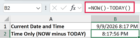 =NOW()-TODAY() in B2