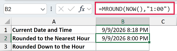 =MROUND(NOW(),"1:00") in B2