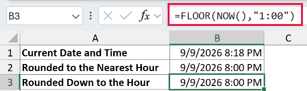 =FLOOR(NOW(),"1:00") in B3