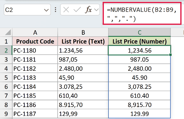 =NUMBERVALUE(B2:B9,",",".") in C2