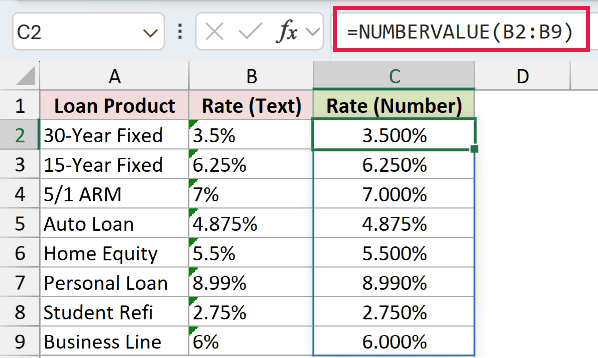 =NUMBERVALUE(B2:B9) in C2