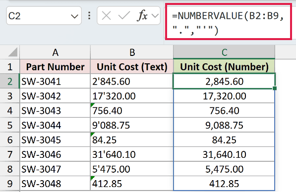=NUMBERVALUE(B2:B9,".","'") in C2