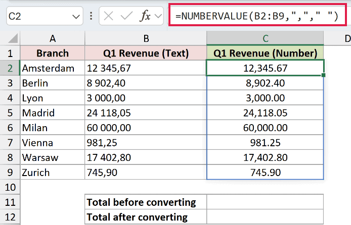 =NUMBERVALUE(B2:B9,","," ") in C2