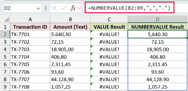 =NUMBERVALUE(B2:B9,",",".") in D2