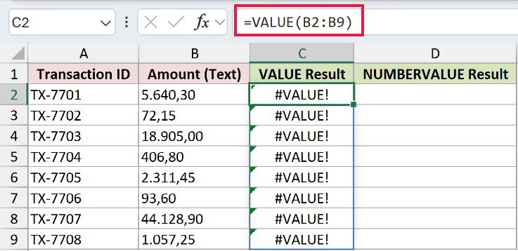 =VALUE(B2:B9) in C2