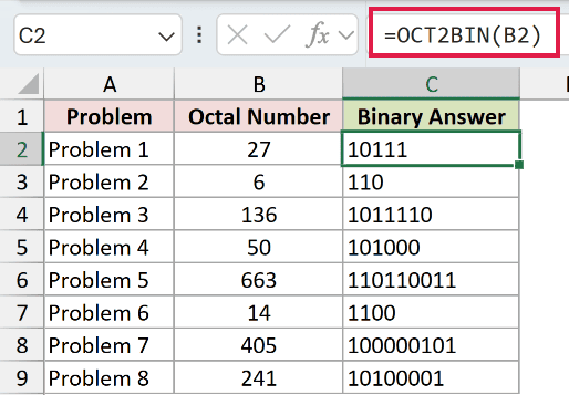 =OCT2BIN(B2) in C2