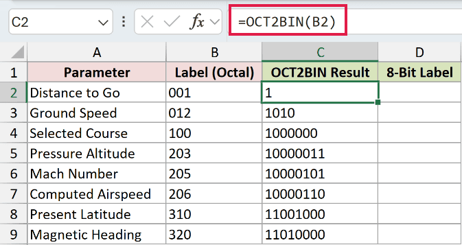 =OCT2BIN(B2) in C2
