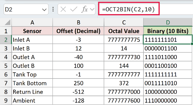 =OCT2BIN(C2,10) in D2