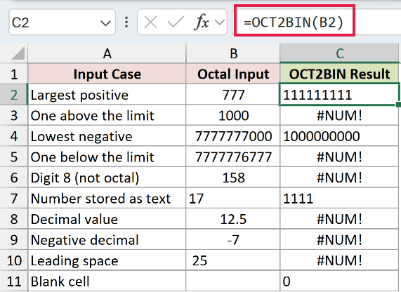 =OCT2BIN(B2) in C2