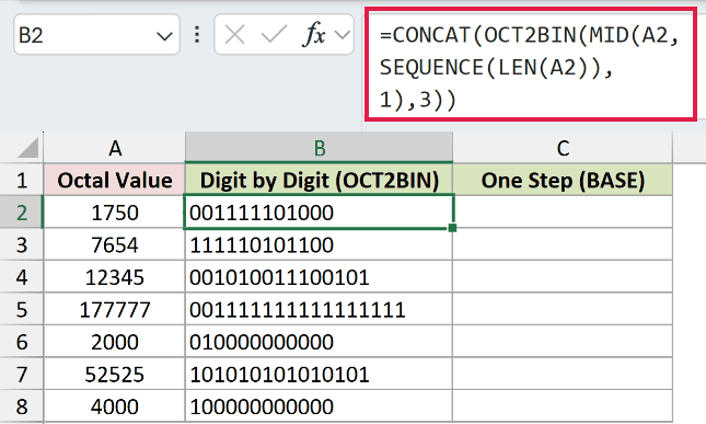 =CONCAT(OCT2BIN(MID(A2,SEQUENCE(LEN(A2)),1),3)) in B2