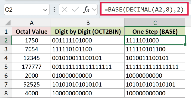 =BASE(DECIMAL(A2,8),2) in C2