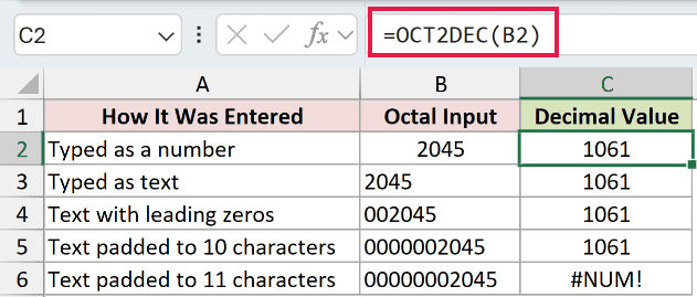 =OCT2DEC(B2) in C2