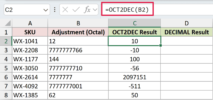 =OCT2DEC(B2) in C2