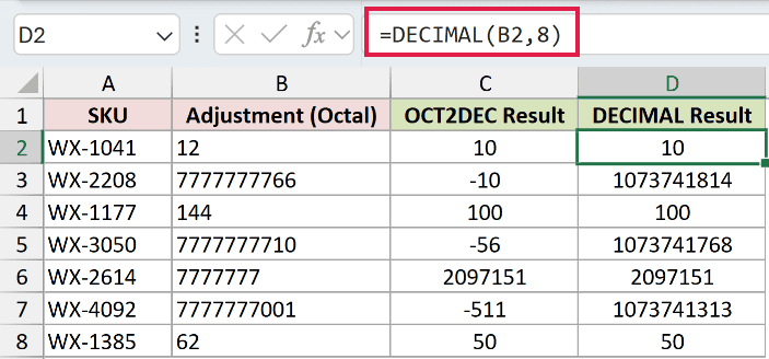 =DECIMAL(B2,8) in D2