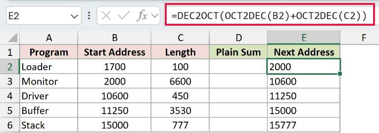 =DEC2OCT(OCT2DEC(B2)+OCT2DEC(C2)) in E2