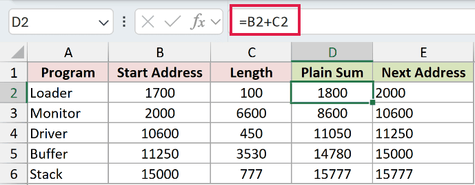 =B2+C2 in D2